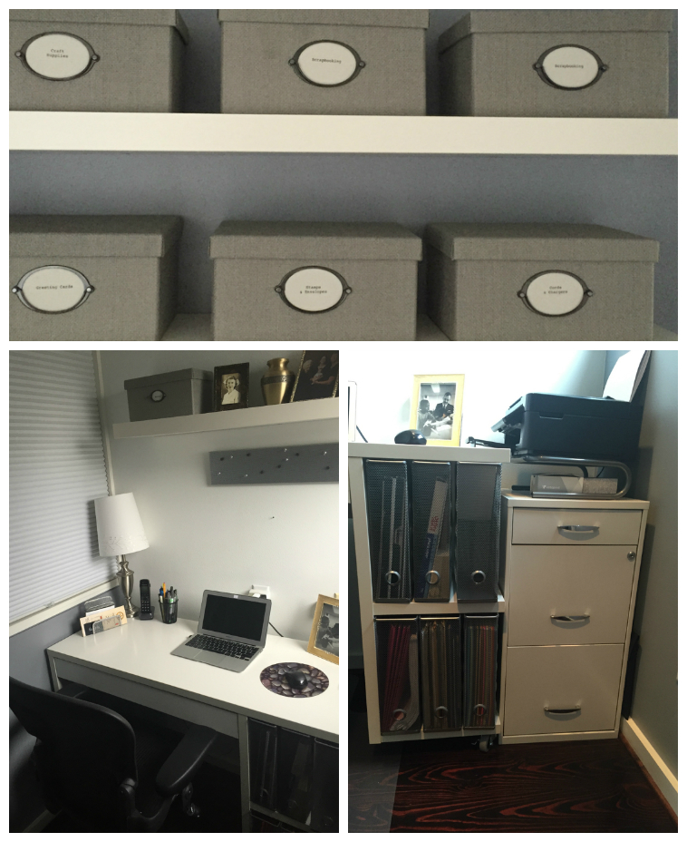 Home Office Collage: storage boxes, desk, file cabinet