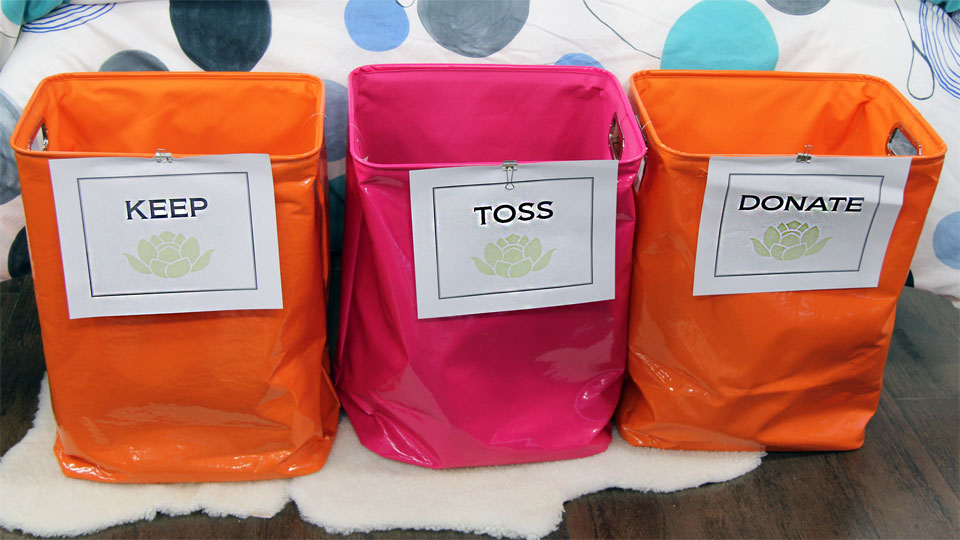 sorting bins: keep, toss, donate